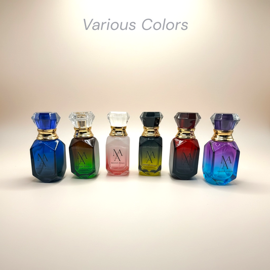 Set of six colorful perfume bottles with gradient effects on a beige background.